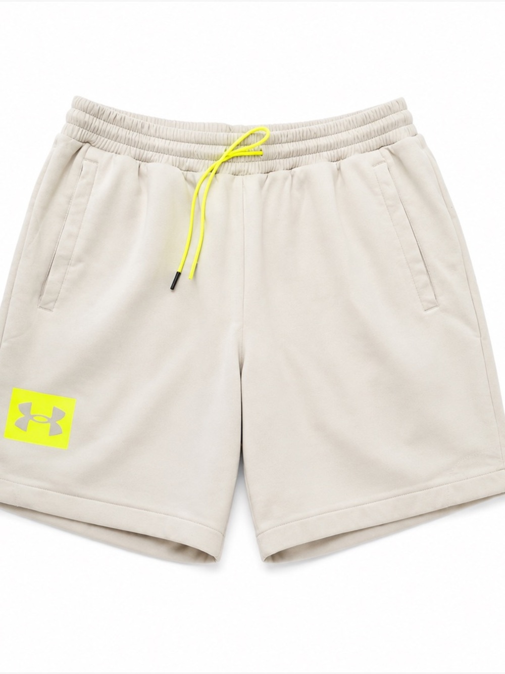Under Armour Men’s Beige Athletic Shorts with Neon Yellow Drawcord